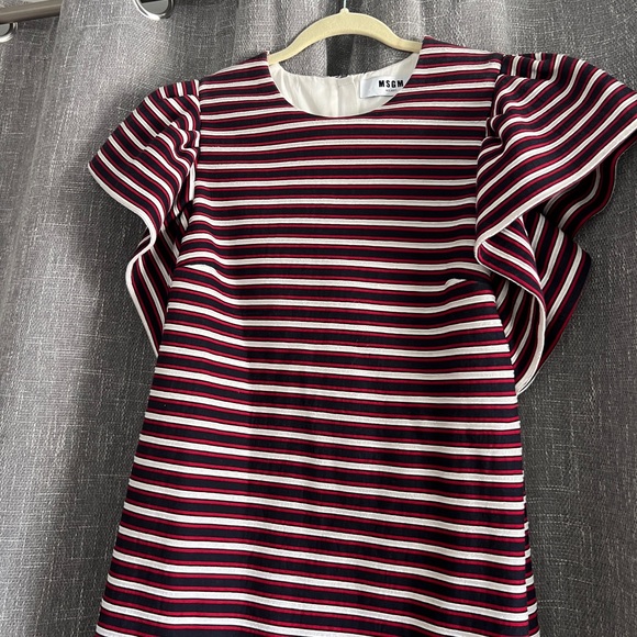 MSGM Milan red white & blue striped dress with ruffle short sleeves & pockets - Picture 6 of 16